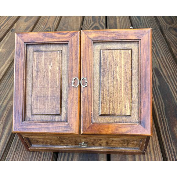 Vintage Wood Cabinet Brass Tabletop Secretary Letter Holder Desk Writing Station